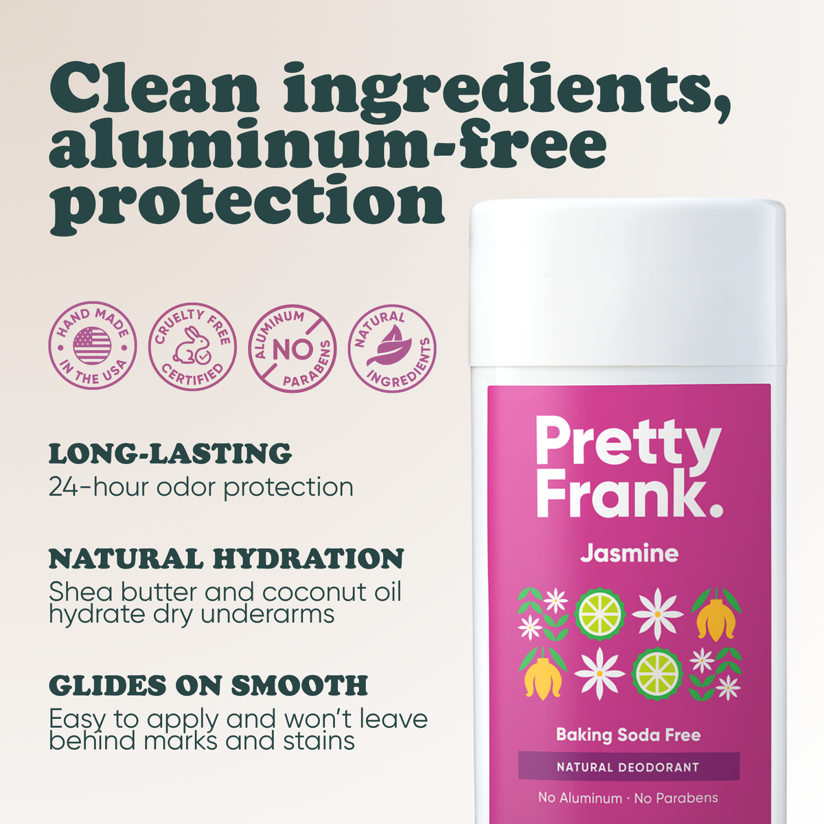 Pretty Frank Jasmine baking soda free natural deodorant stick: 24-hour odor protection, with shea butter and coconut oil for hydration