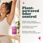 Woman stretching with Pretty Frank Jasmine baking soda free natural deodorant stick on a shelf nearby