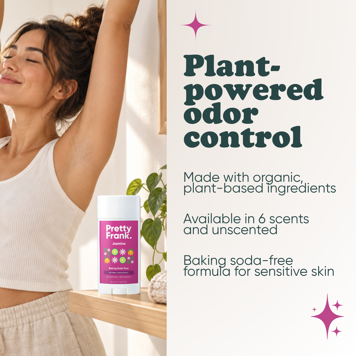 Woman stretching with Pretty Frank Jasmine baking soda free natural deodorant stick on a shelf nearby