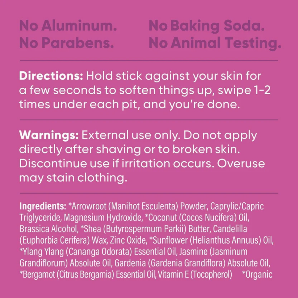 Pretty Frank baking soda free natural deodorant stick directions, warnings, and full ingredient list