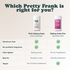 Pretty Frank comparison chart: with baking soda for extra strength vs. baking soda free for sensitive skin