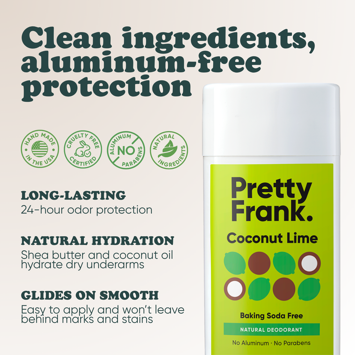 Pretty Frank Coconut Lime baking soda free natural deodorant stick: 24-hour odor protection, with shea butter and coconut oil for hydration