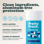 Pretty Frank Unscented baking soda free natural deodorant stick: 24-hour odor protection, with shea butter and coconut oil for hydration