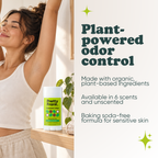 Woman stretching with Pretty Frank Coconut Lime baking soda free natural deodorant stick on a shelf nearby