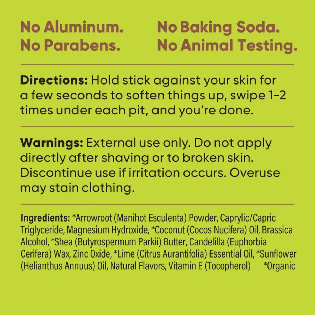 Pretty Frank Coconut Lime baking soda free natural deodorant stick directions, warnings, and full ingredient list