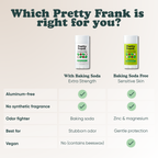 Pretty Frank comparison chart: with baking soda for extra strength vs. baking soda free for sensitive skin