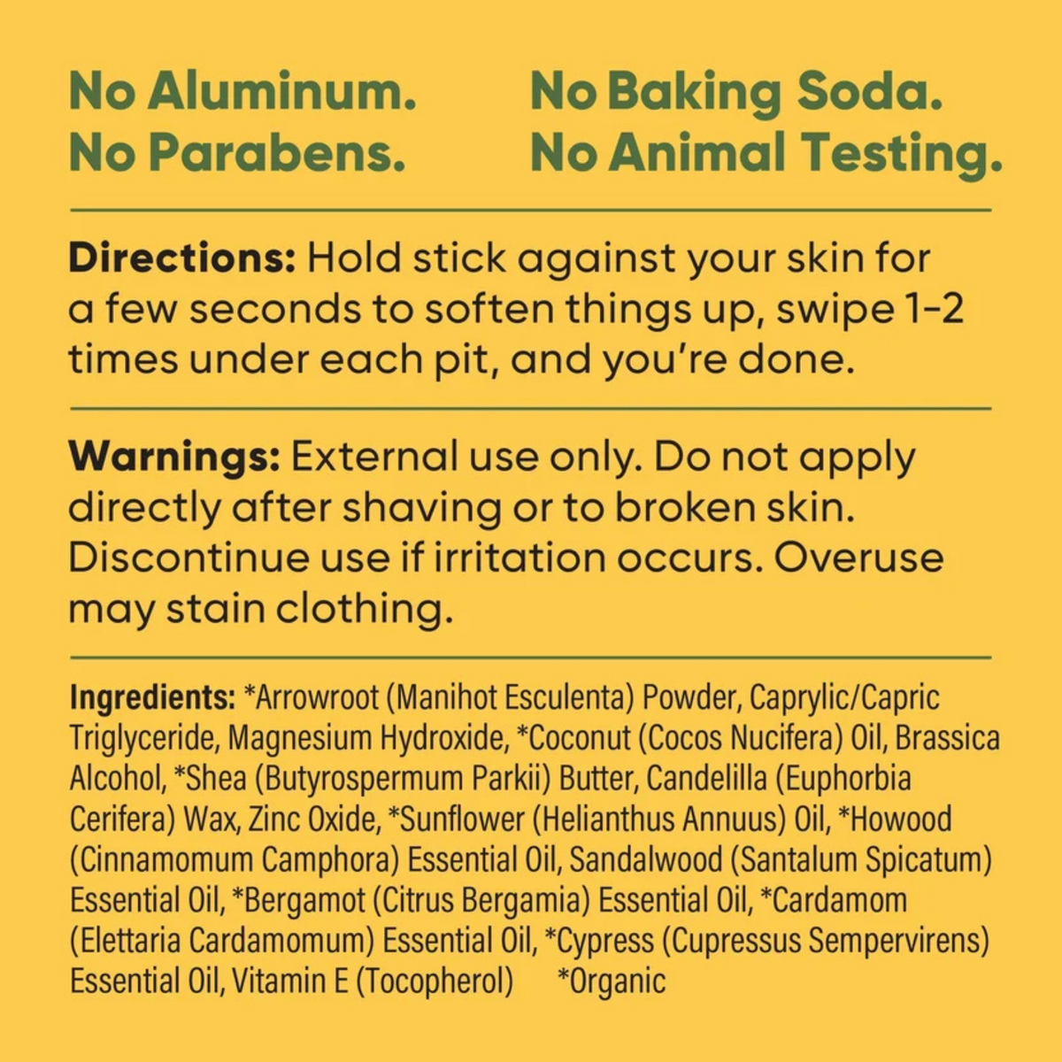 Pretty Frank baking soda free natural deodorant stick directions, warnings, and full ingredient list