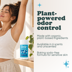 Woman stretching with Pretty Frank Unscented baking soda free natural deodorant stick on a shelf nearby