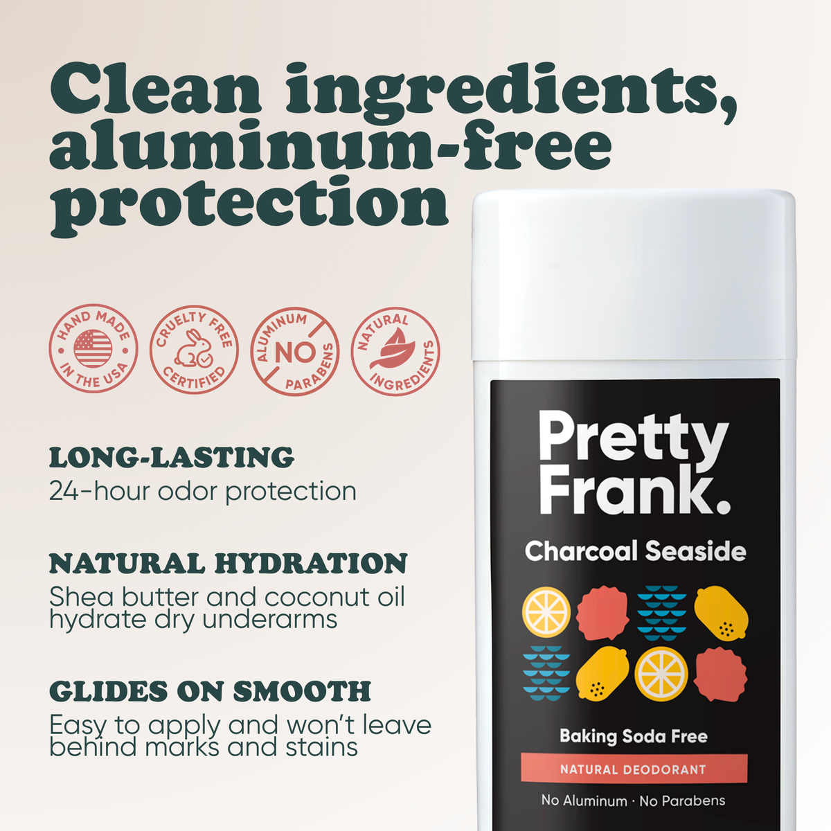 Pretty Frank baking soda free natural deodorant stick: 24-hour odor protection, with shea butter and coconut oil for hydration