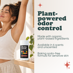 Woman stretching with Pretty Frank baking soda free natural deodorant stick on a shelf nearby