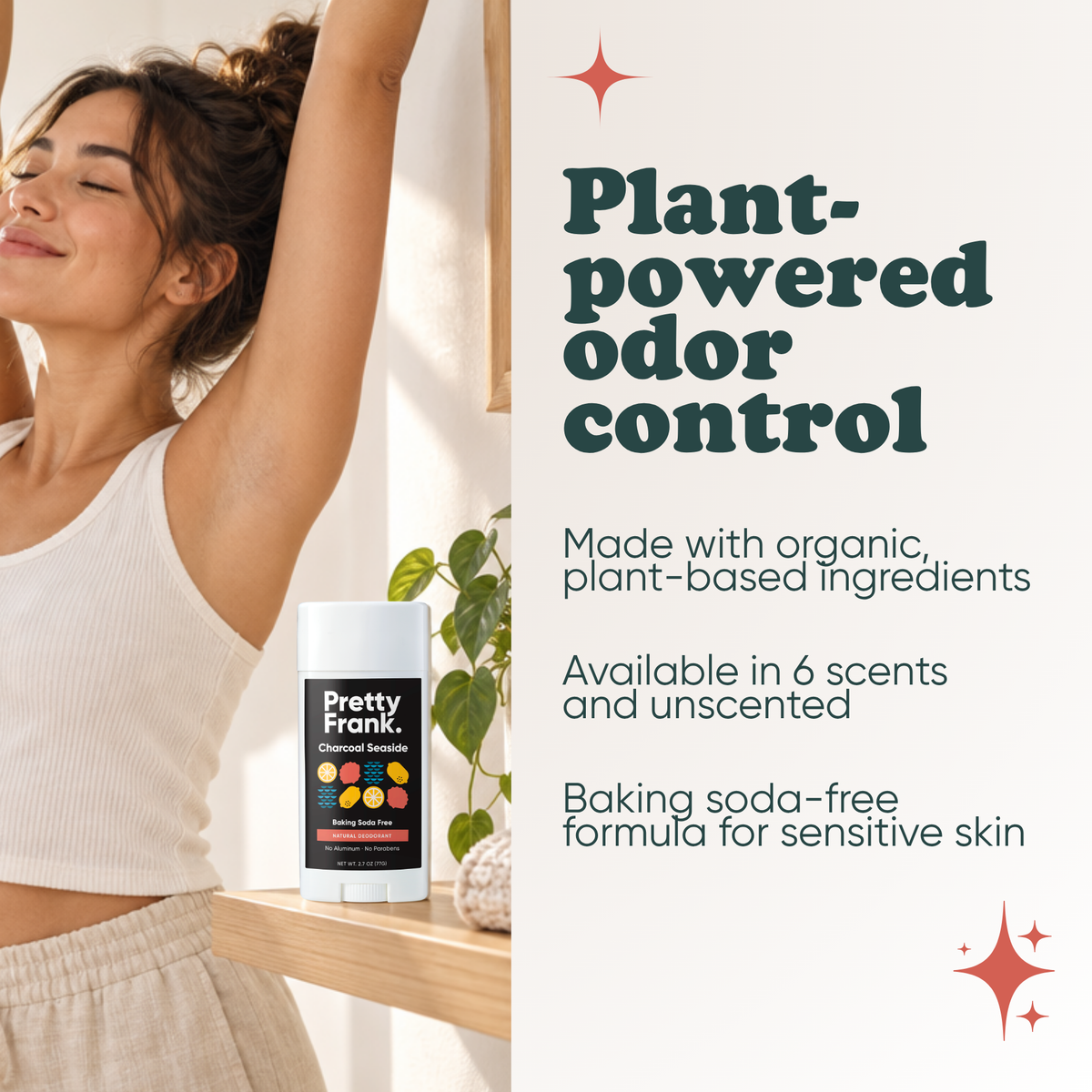 Woman stretching with Pretty Frank baking soda free natural deodorant stick on a shelf nearby