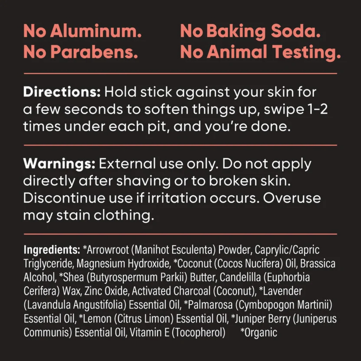 Pretty Frank baking soda free natural deodorant stick directions, warnings, and full ingredient list