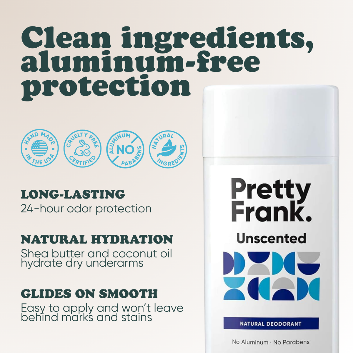 Pretty Frank extra strength natural deodorant stick with baking soda: 24-hour odor protection, with shea butter and coconut oil for hydration