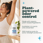 Woman stretching with Pretty Frank extra strength natural deodorant stick with baking soda on a shelf nearby