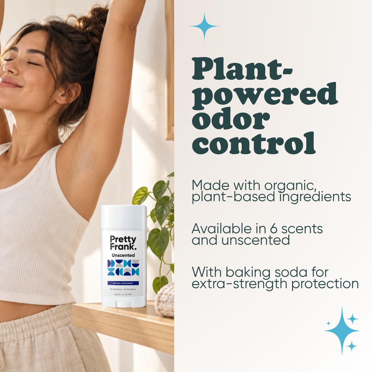 Woman stretching with Pretty Frank extra strength natural deodorant stick with baking soda on a shelf nearby