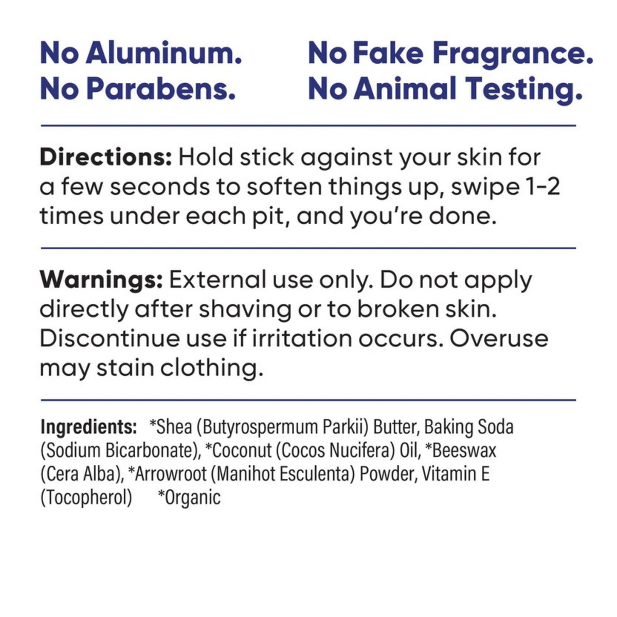 Pretty Frank extra strength natural deodorant stick with baking soda directions, warnings, and full ingredient list