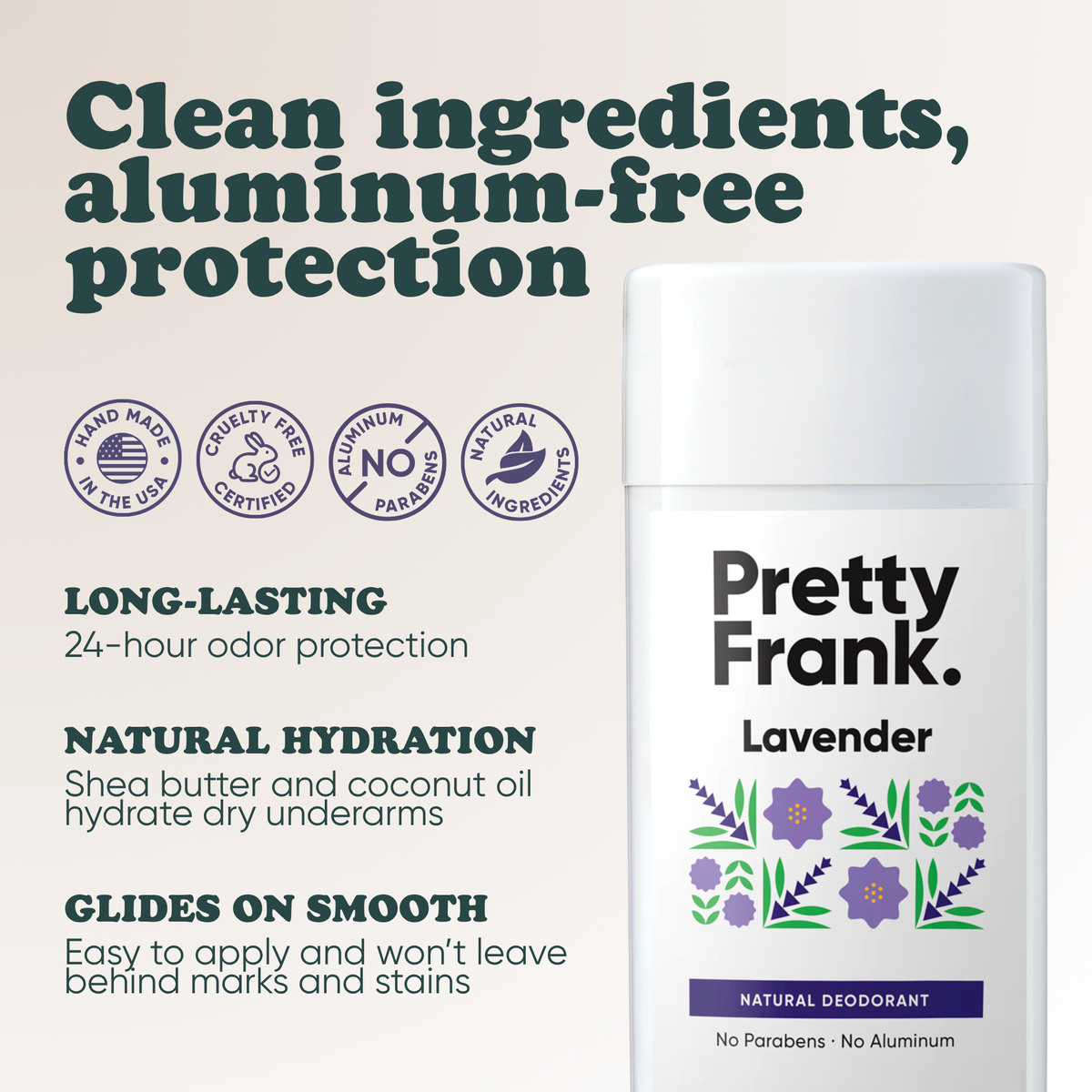 Pretty Frank Lavender extra strength natural deodorant stick with baking soda: 24-hour odor protection, with shea butter and coconut oil for hydration