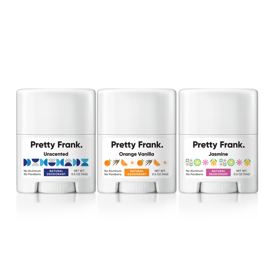 Pretty Frank Natural Aluminum-Free Travel Deodorant Sticks, Unscented, Orange Vanilla & Jasmine, Baking Soda (3-Pack)