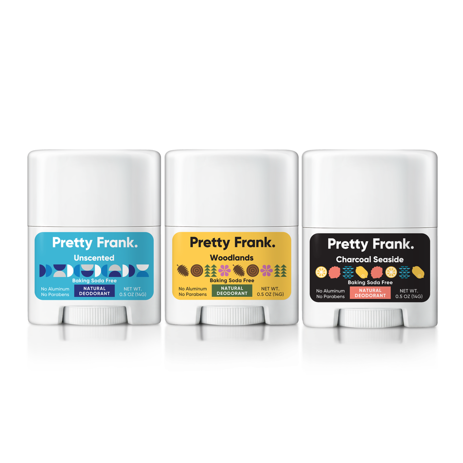 Pretty Frank Natural Aluminum-Free & Baking Soda-Free Travel Deodorant Sticks, Unscented, Woodlands & Charcoal Seaside (3-Pack)