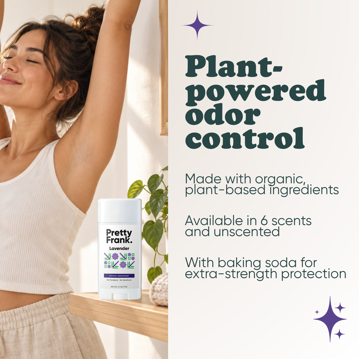 Woman stretching with Pretty Frank Lavender extra strength natural deodorant stick with baking soda on a shelf nearby