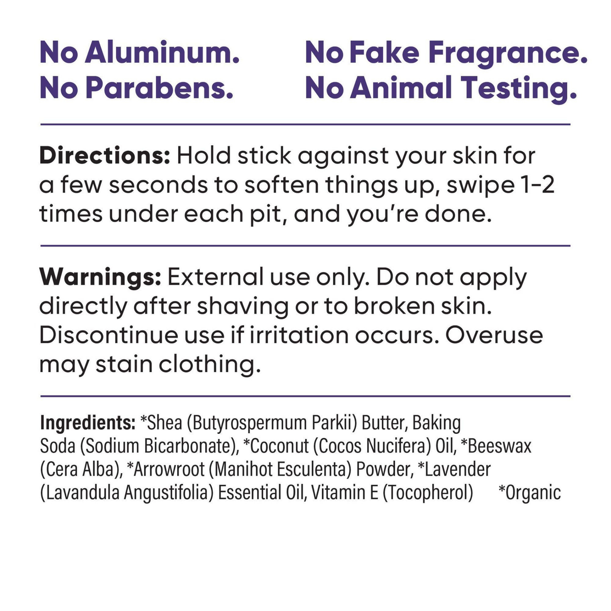 Pretty Frank extra strength natural deodorant stick with baking soda directions, warnings, and full ingredient list
