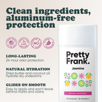 Pretty Frank Jasmine extra strength natural deodorant stick with baking soda: 24-hour odor protection, with shea butter and coconut oil for hydration