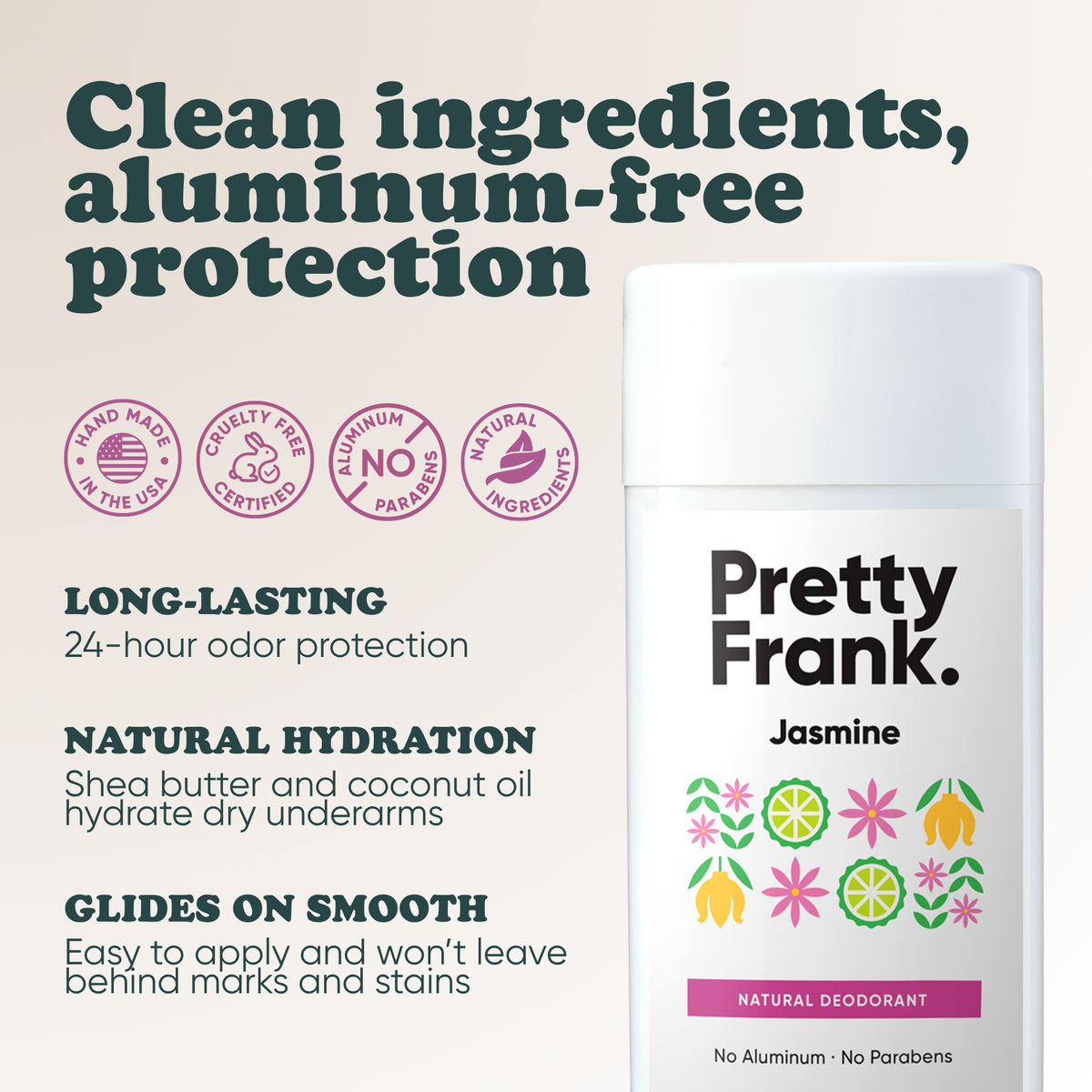 Pretty Frank Jasmine extra strength natural deodorant stick with baking soda: 24-hour odor protection, with shea butter and coconut oil for hydration