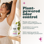 Woman stretching with Pretty Frank Jasmine extra strength natural deodorant stick with baking soda on a shelf nearby