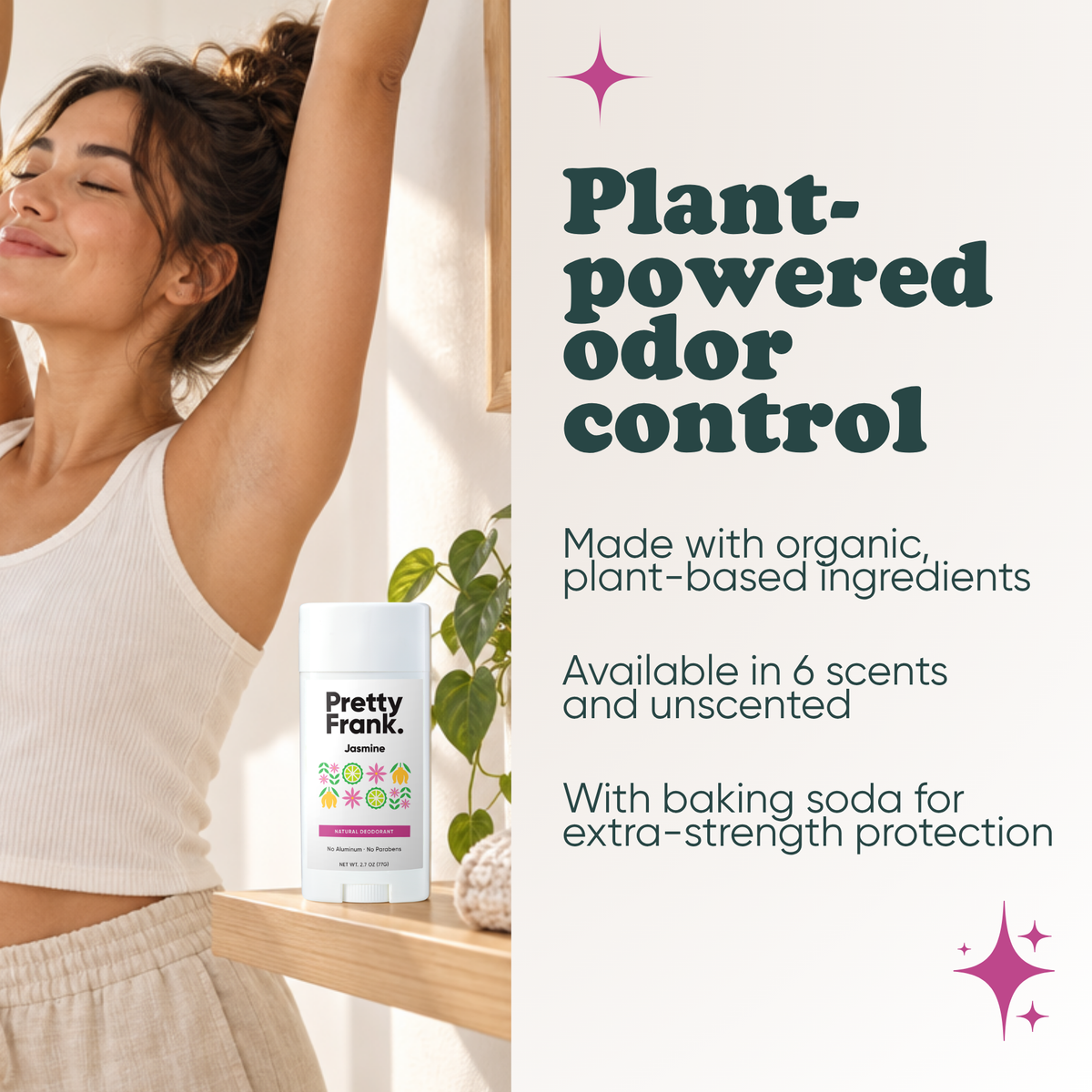 Woman stretching with Pretty Frank Jasmine extra strength natural deodorant stick with baking soda on a shelf nearby