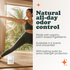 Woman doing yoga with Pretty Frank Orange Vanilla extra strength travel size deodorant with baking soda nearby