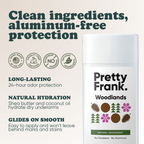 Pretty Frank Woodlands extra strength natural deodorant stick with baking soda: 24-hour odor protection, with shea butter and coconut oil for hydration