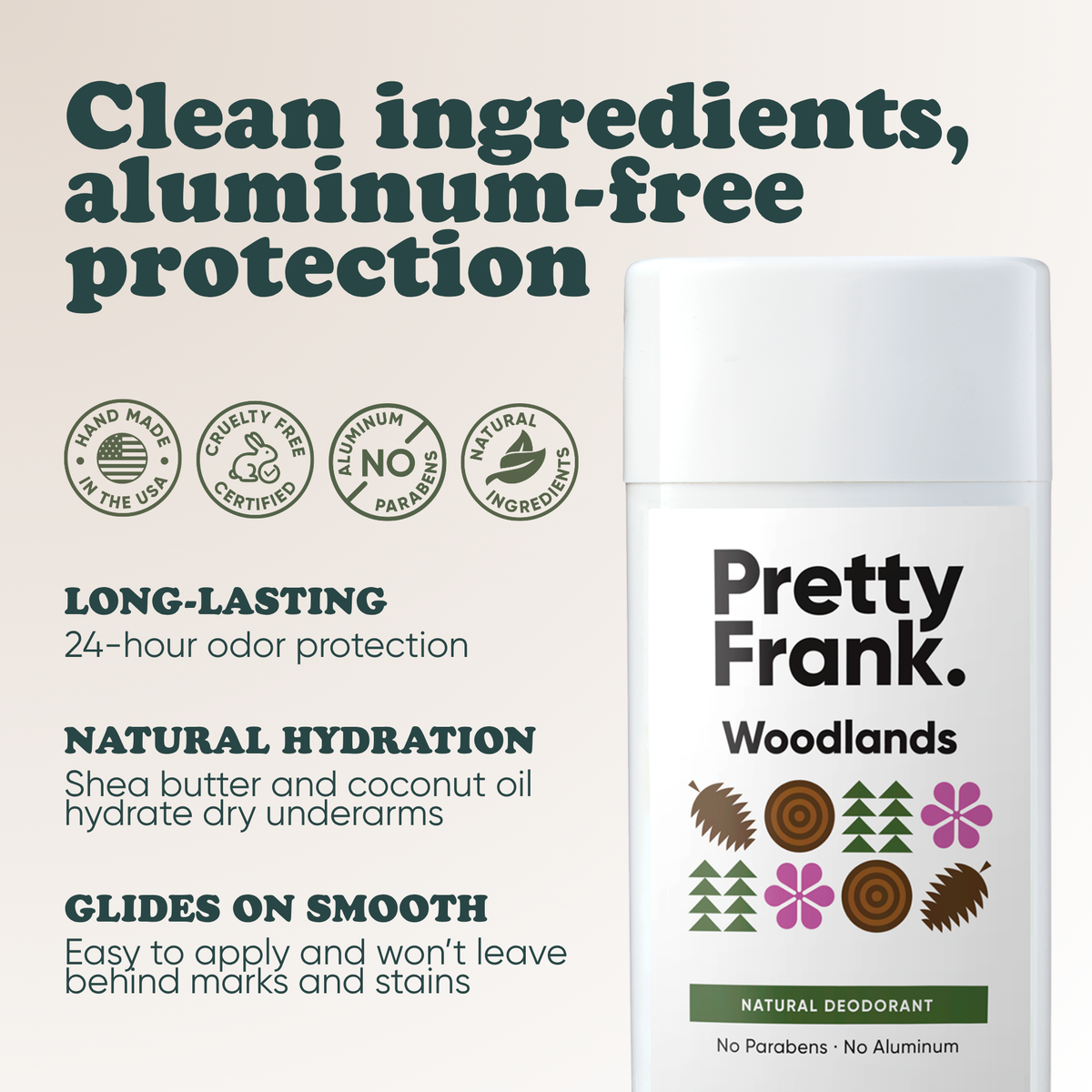 Pretty Frank Woodlands extra strength natural deodorant stick with baking soda: 24-hour odor protection, with shea butter and coconut oil for hydration