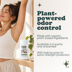 Woman stretching with Pretty Frank Woodlands extra strength natural deodorant stick with baking soda on a shelf nearby