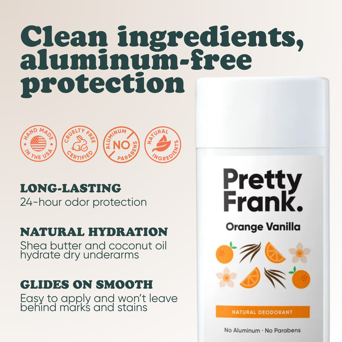 Pretty Frank Orange Vanilla extra strength natural deodorant stick with baking soda: 24-hour odor protection, with shea butter and coconut oil for hydration