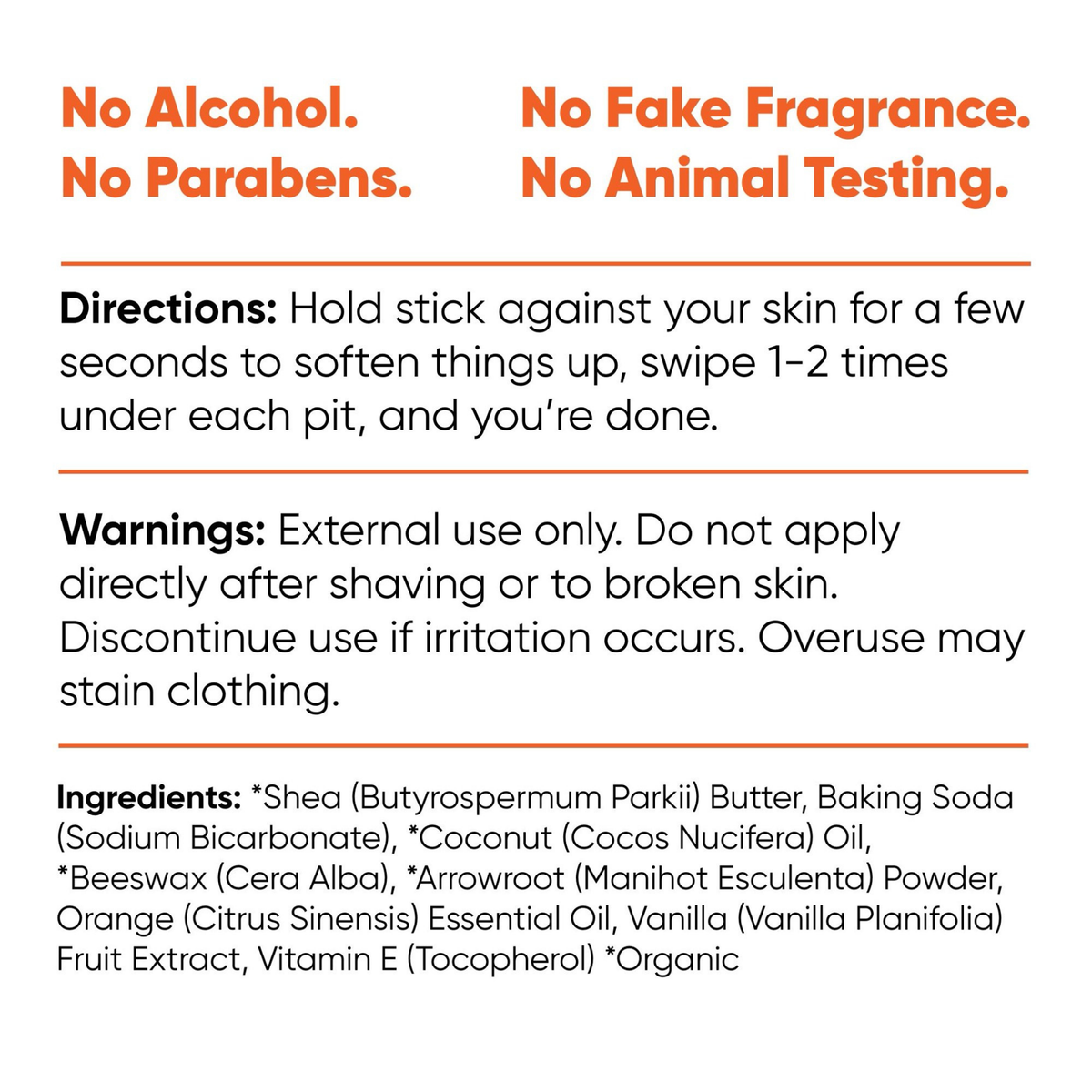 Pretty Frank Orange Vanilla extra strength natural deodorant stick with baking soda directions, warnings, and full ingredient list