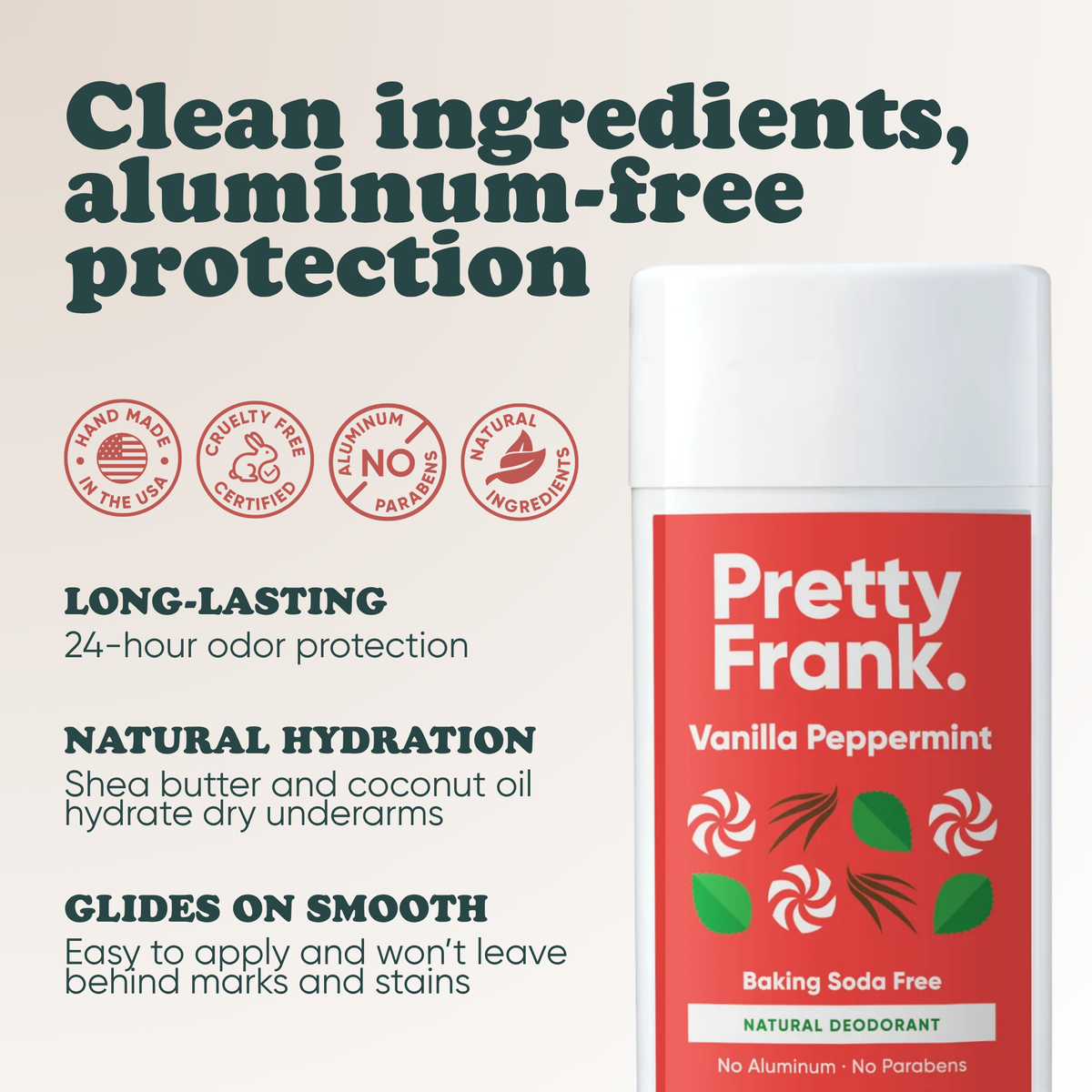 Pretty Frank Vanilla Peppermint baking soda free natural deodorant stick: 24-hour odor protection, with shea butter and coconut oil for hydration
