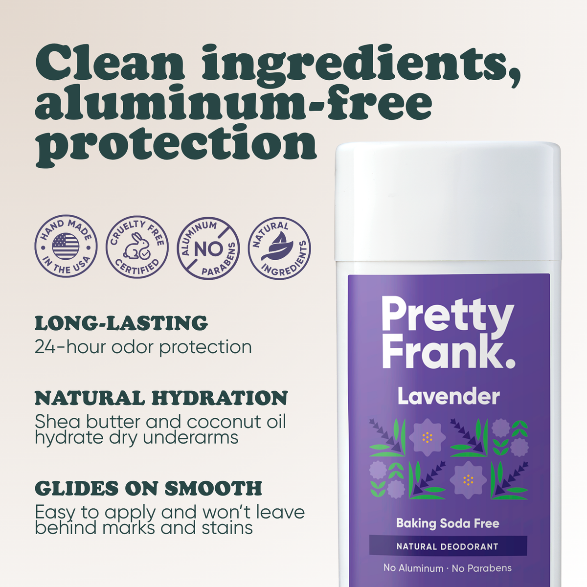 Pretty Frank baking soda free natural deodorant stick: 24-hour odor protection, with shea butter and coconut oil for hydration