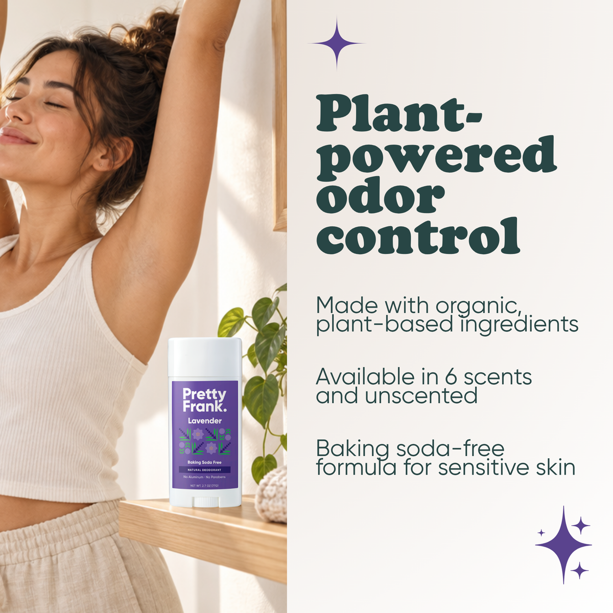 Woman stretching with Pretty Frank baking soda free natural deodorant stick on a shelf nearby