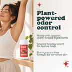 Woman stretching with Pretty Frank Vanilla Peppermint baking soda free natural deodorant stick on a shelf nearby