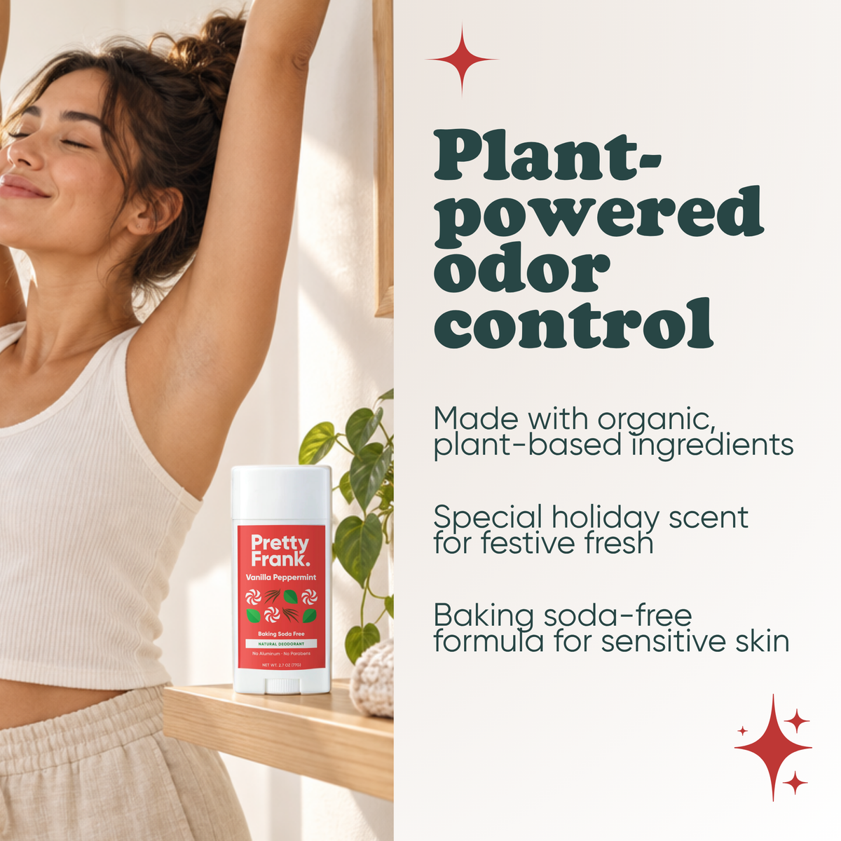 Woman stretching with Pretty Frank Vanilla Peppermint baking soda free natural deodorant stick on a shelf nearby