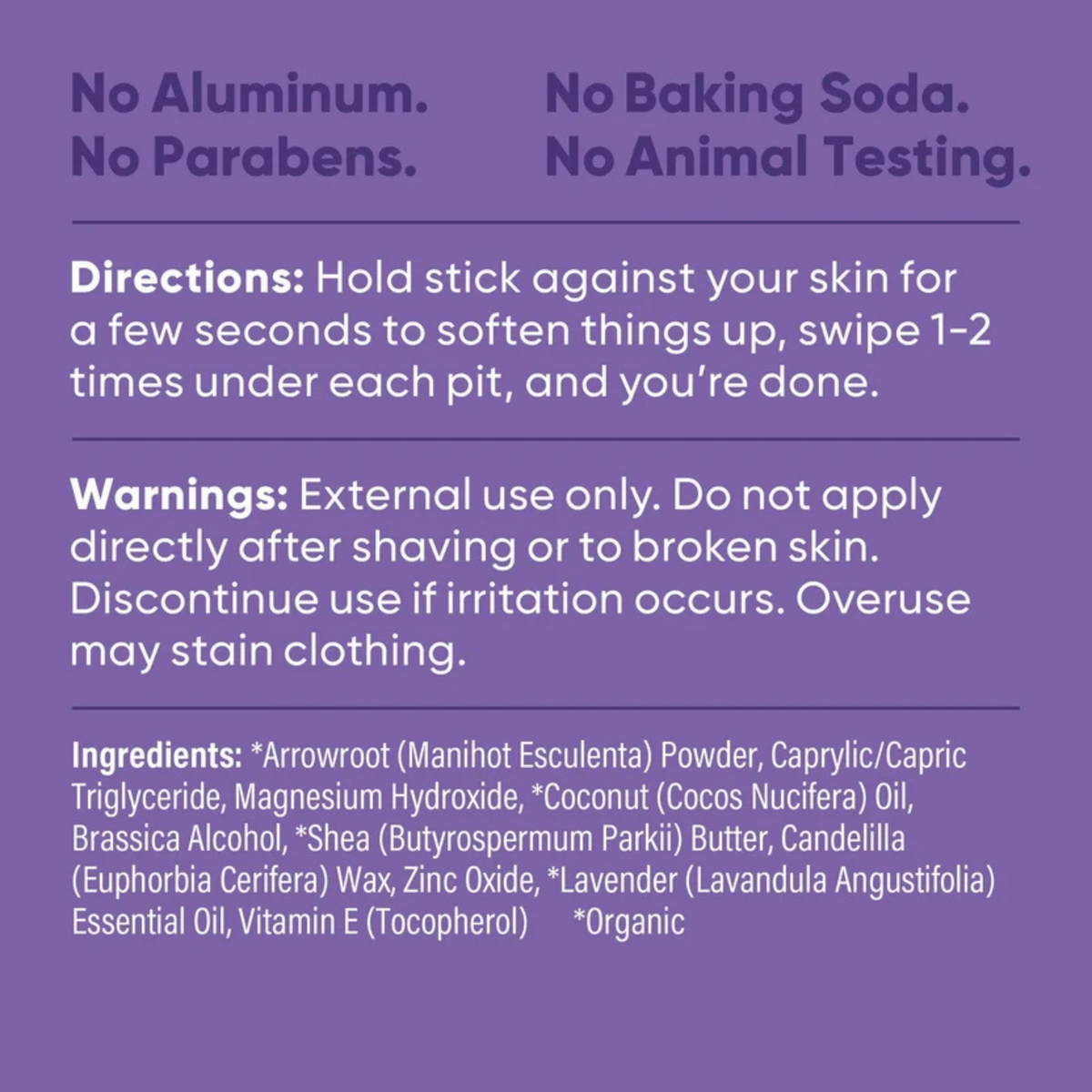 Pretty Frank baking soda free natural deodorant stick directions, warnings, and full ingredient list