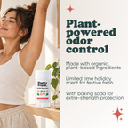 Woman stretching with Pretty Frank Vanilla Peppermint extra strength natural deodorant stick with baking soda on a shelf nearby