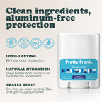 Pretty Frank Unscented baking soda free travel size deodorant: 24-hour odor protection, with shea butter and coconut oil for hydration