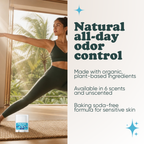 Woman doing yoga with Pretty Frank Unscented baking soda free travel size deodorant nearby