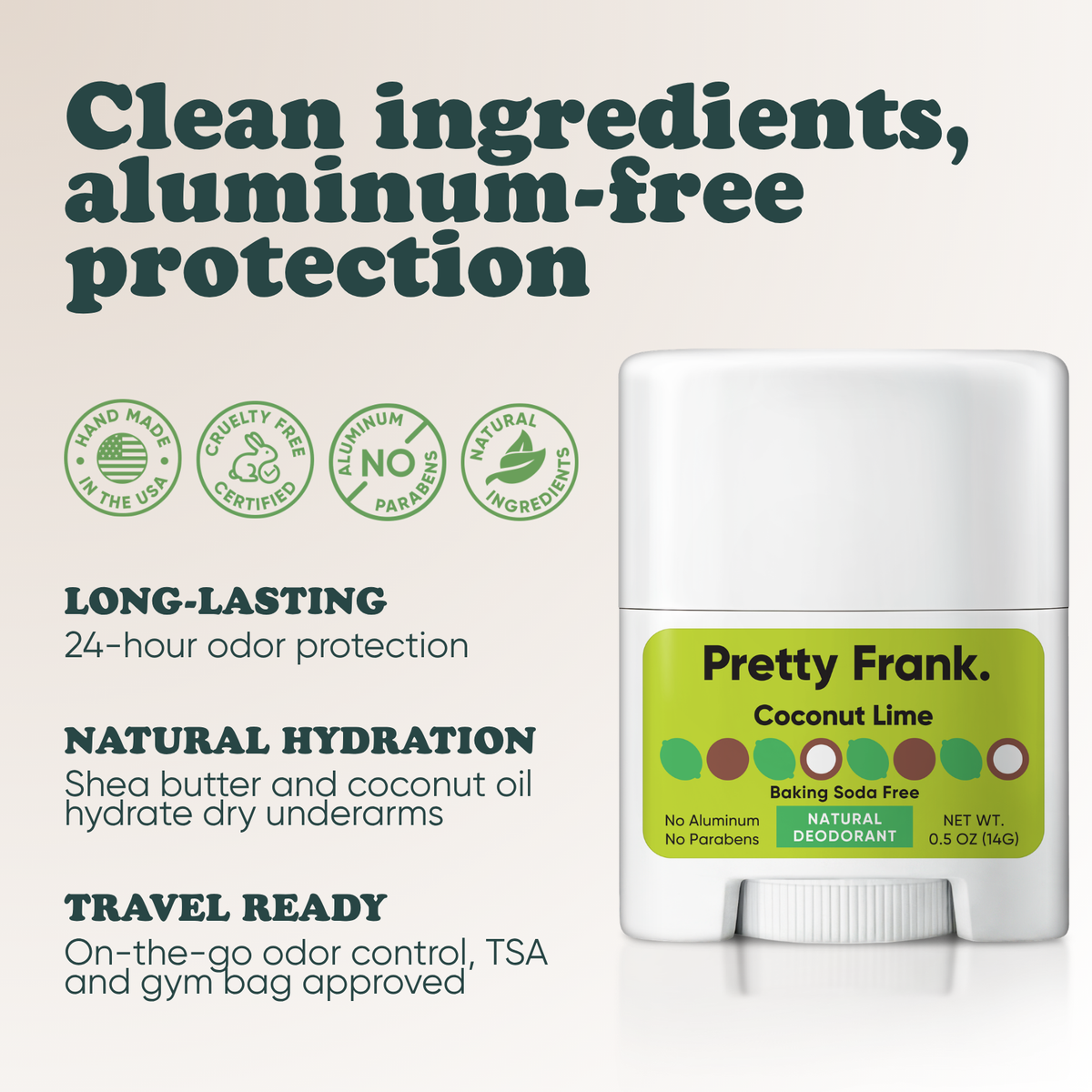Pretty Frank Coconut Lime baking soda free travel size deodorant: 24-hour odor protection, with shea butter and coconut oil for hydration