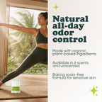 Woman doing yoga with Pretty Frank Coconut Lime baking soda free travel size deodorant nearby