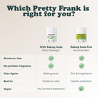 Pretty Frank comparison chart: with baking soda for extra strength vs. baking soda free for sensitive skin
