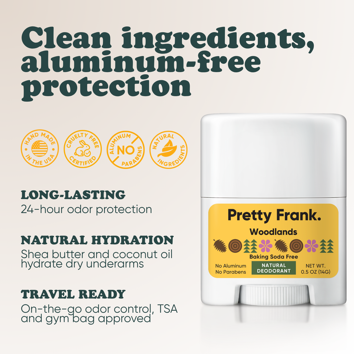 Pretty Frank Woodlands baking soda free travel size deodorant: 24-hour odor protection, with shea butter and coconut oil for hydration