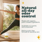 Woman doing yoga with Pretty Frank Woodlands baking soda free travel size deodorant nearby