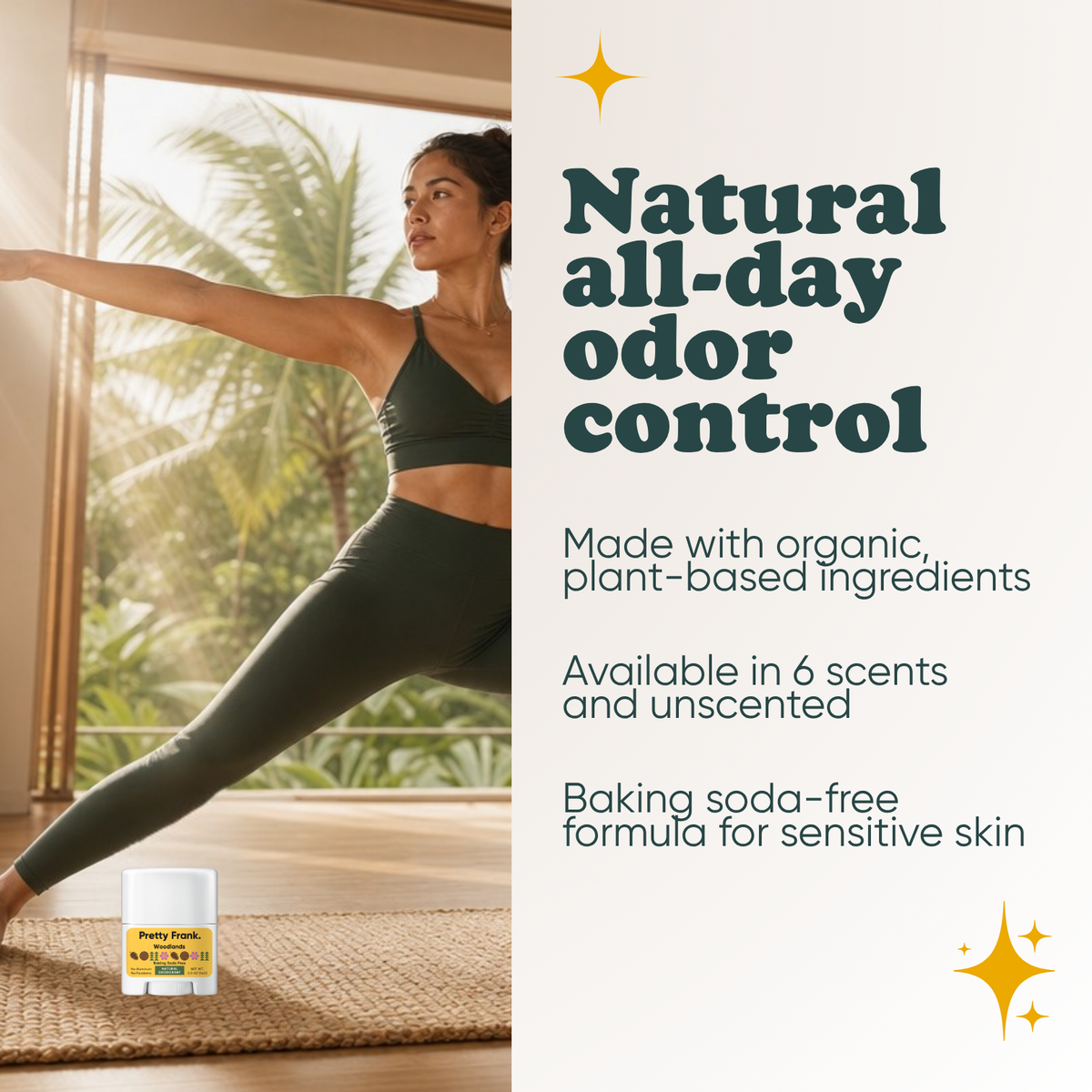 Woman doing yoga with Pretty Frank Woodlands baking soda free travel size deodorant nearby